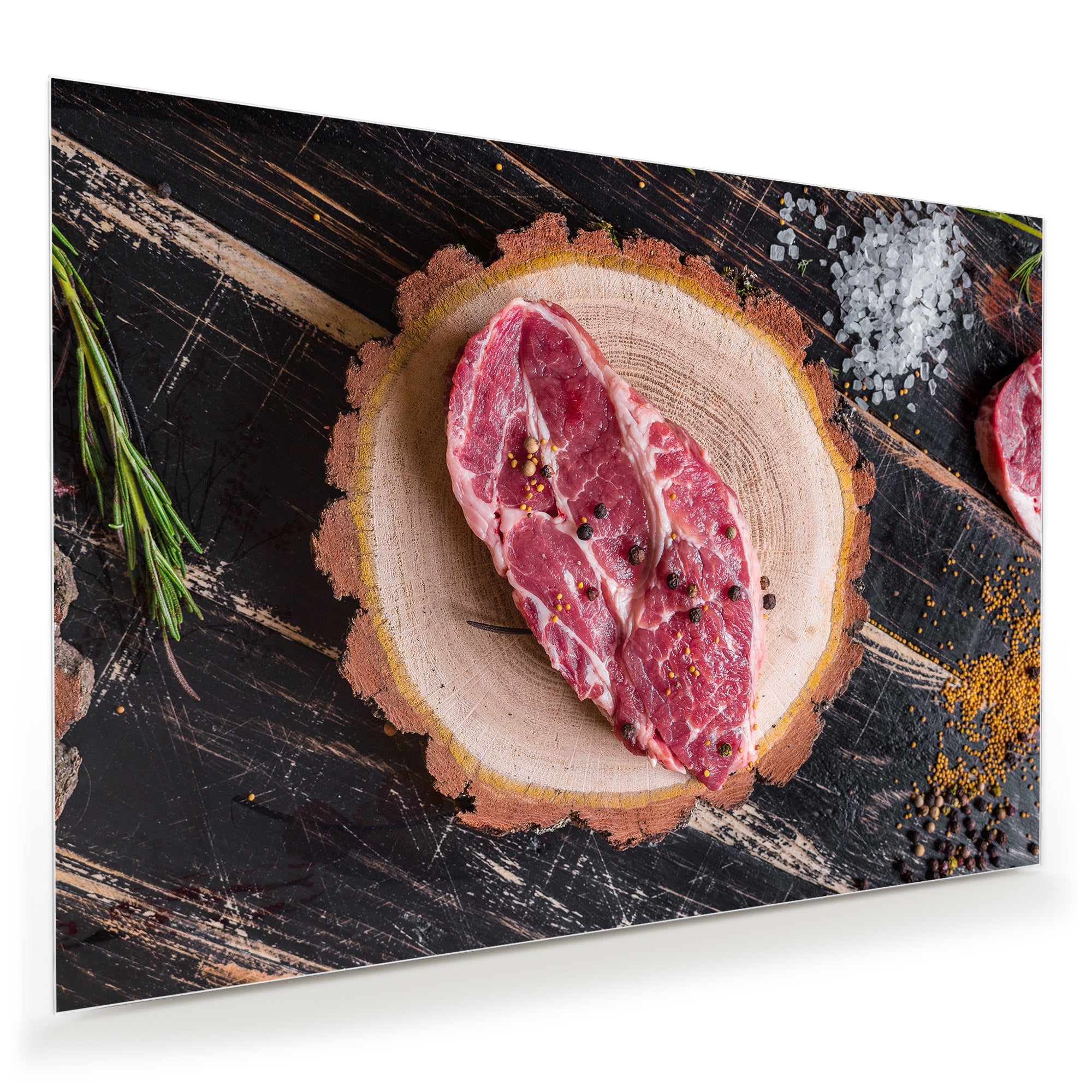 Wandbild - Steak roh auf Holzplatte