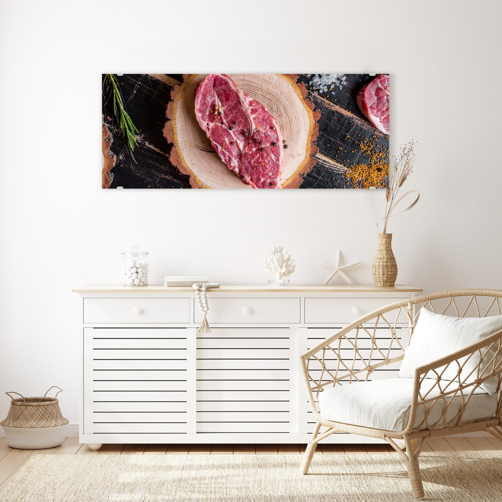 Wandbild - Steak roh auf Holzplatte