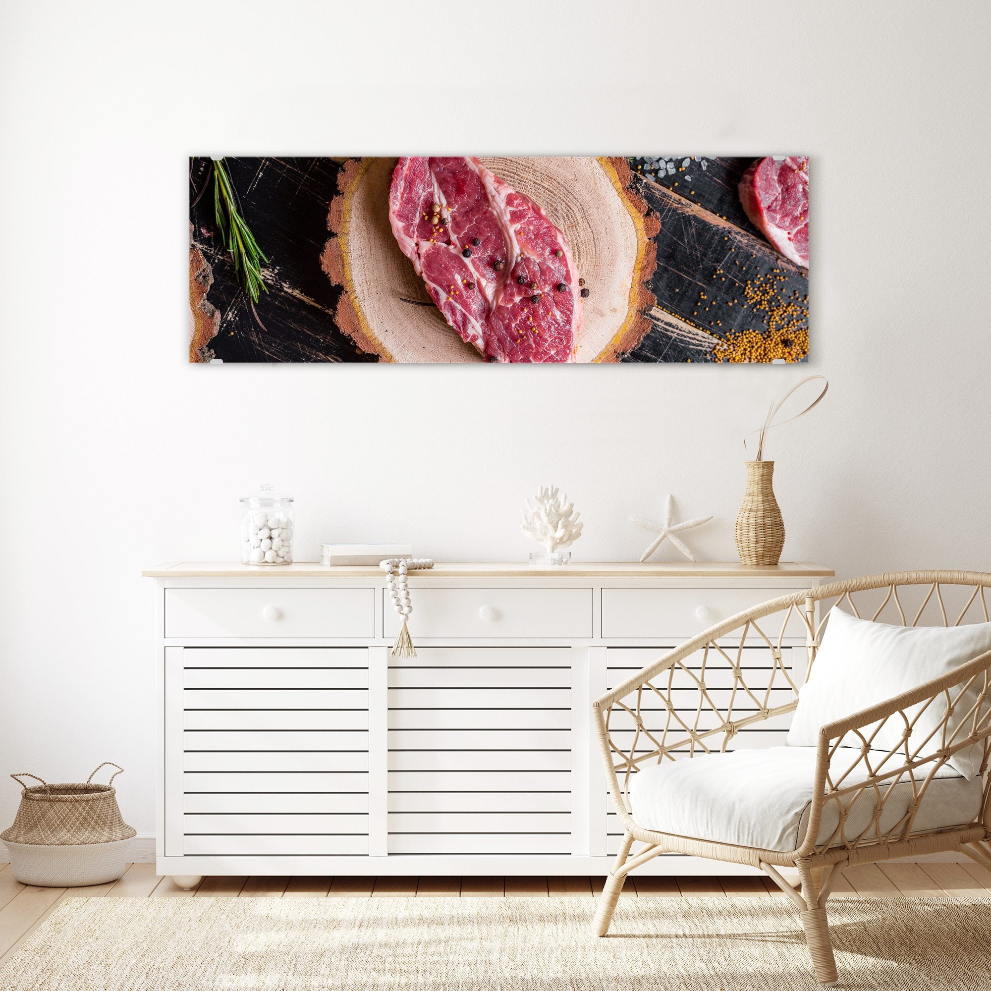 Wandbild - Steak roh auf Holzplatte