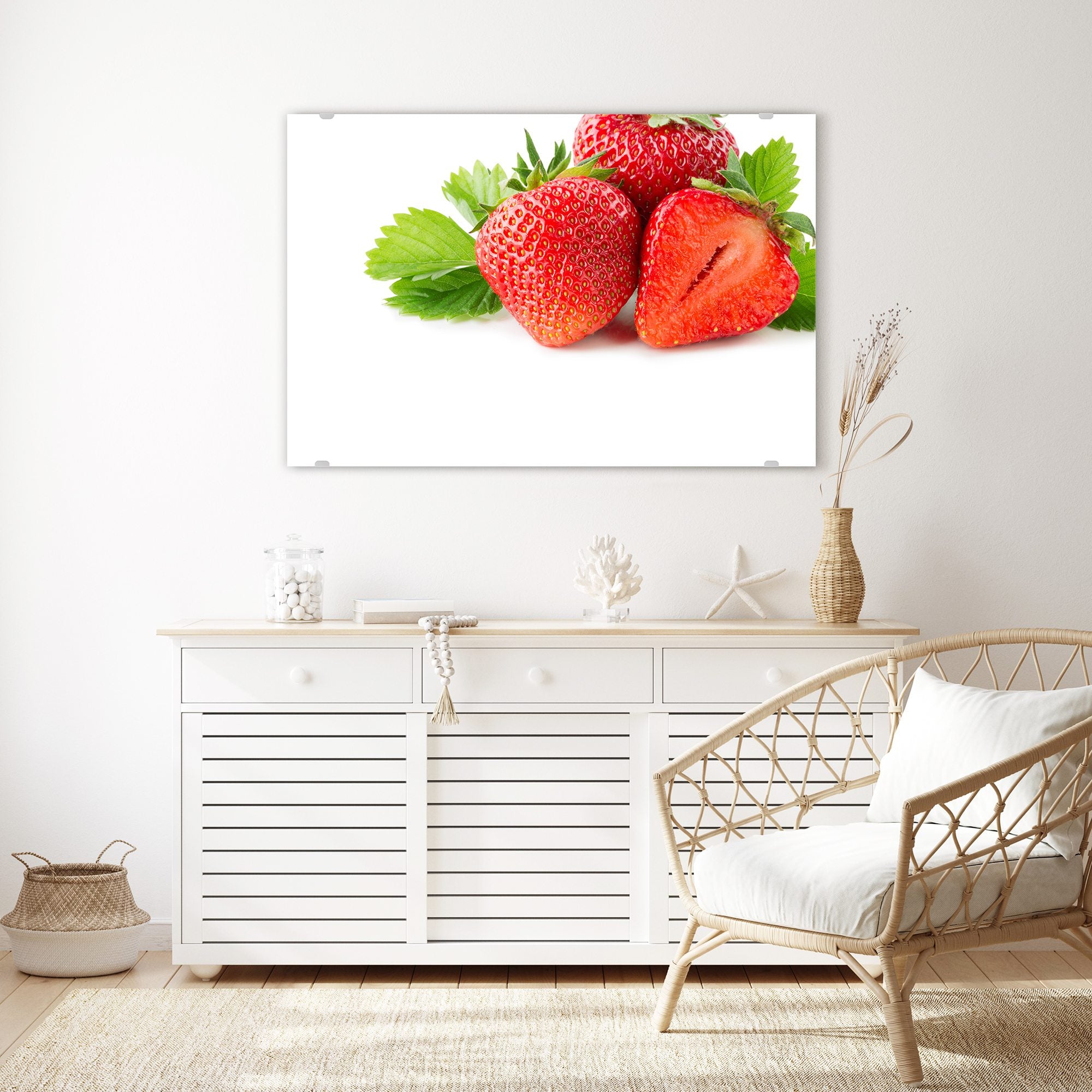 Wandbild - Drei Erdbeeren mit Blättern