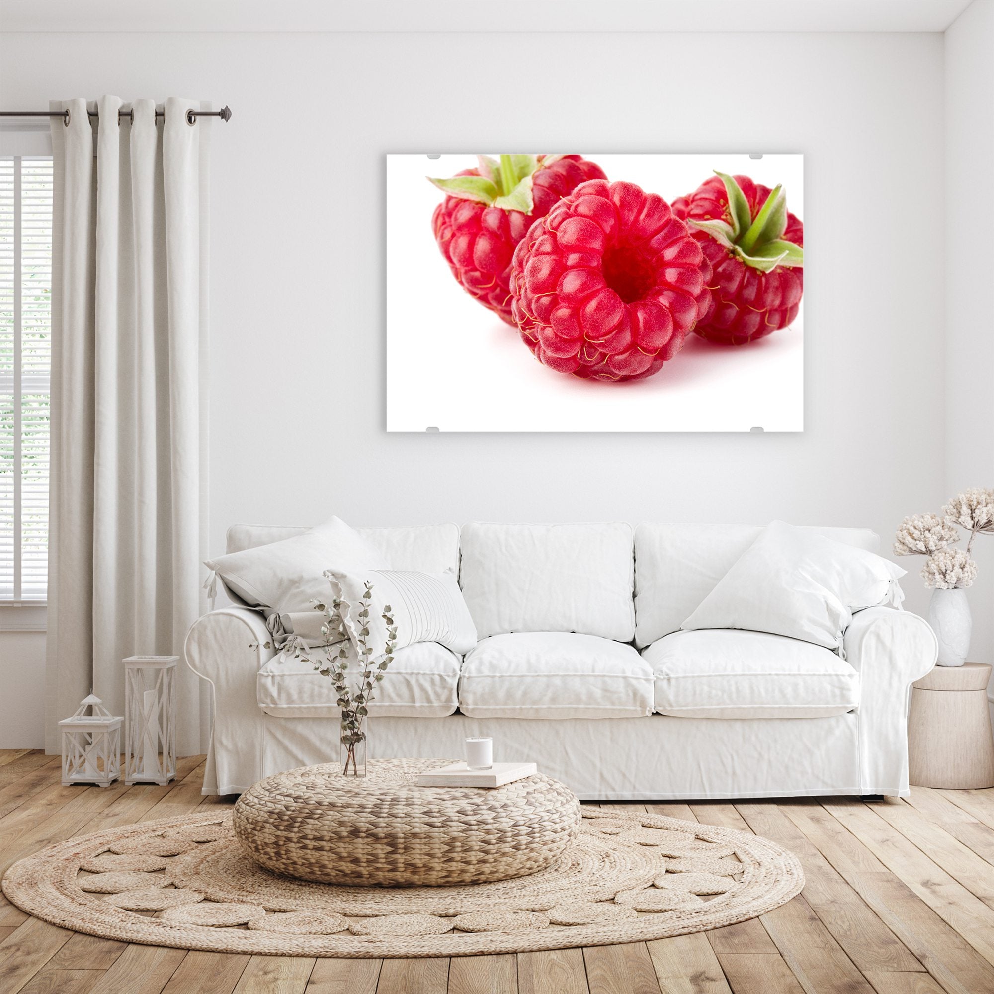 Wandbild - Drei Himbeeren mit Blatt