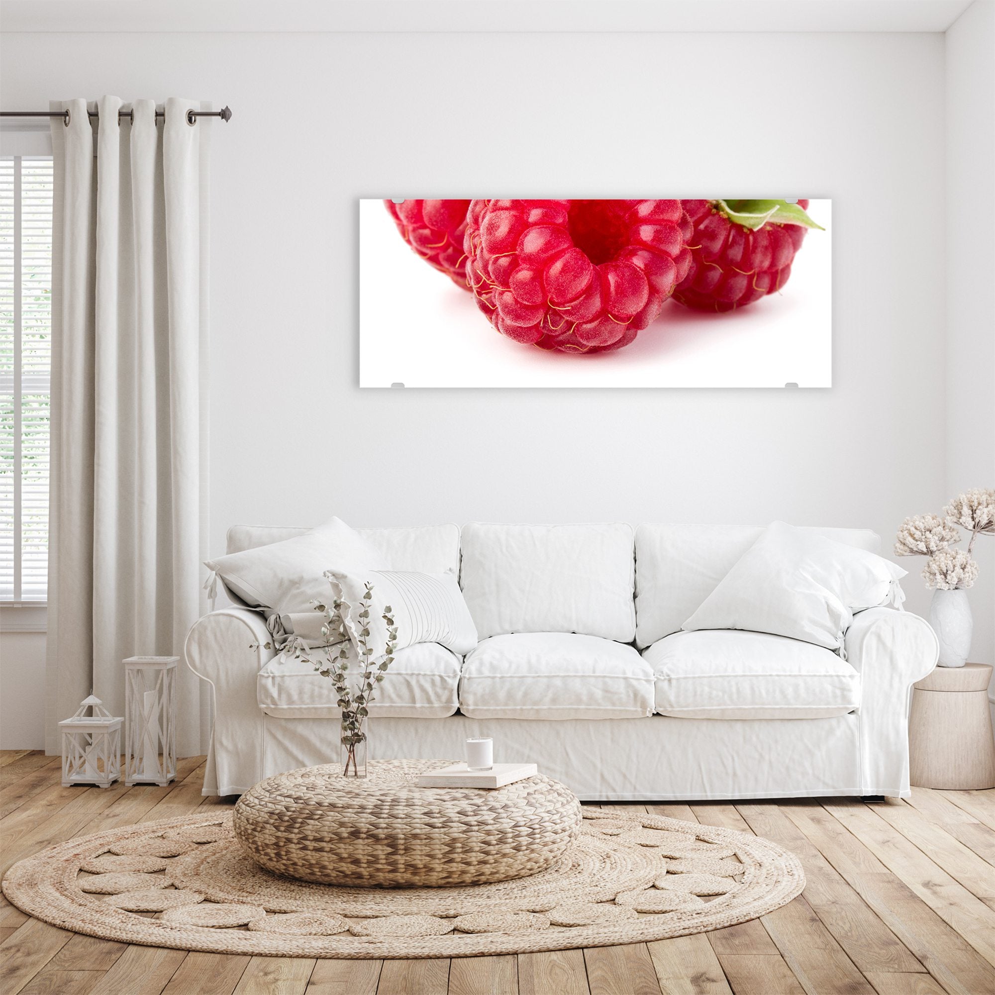 Wandbild - Drei Himbeeren mit Blatt