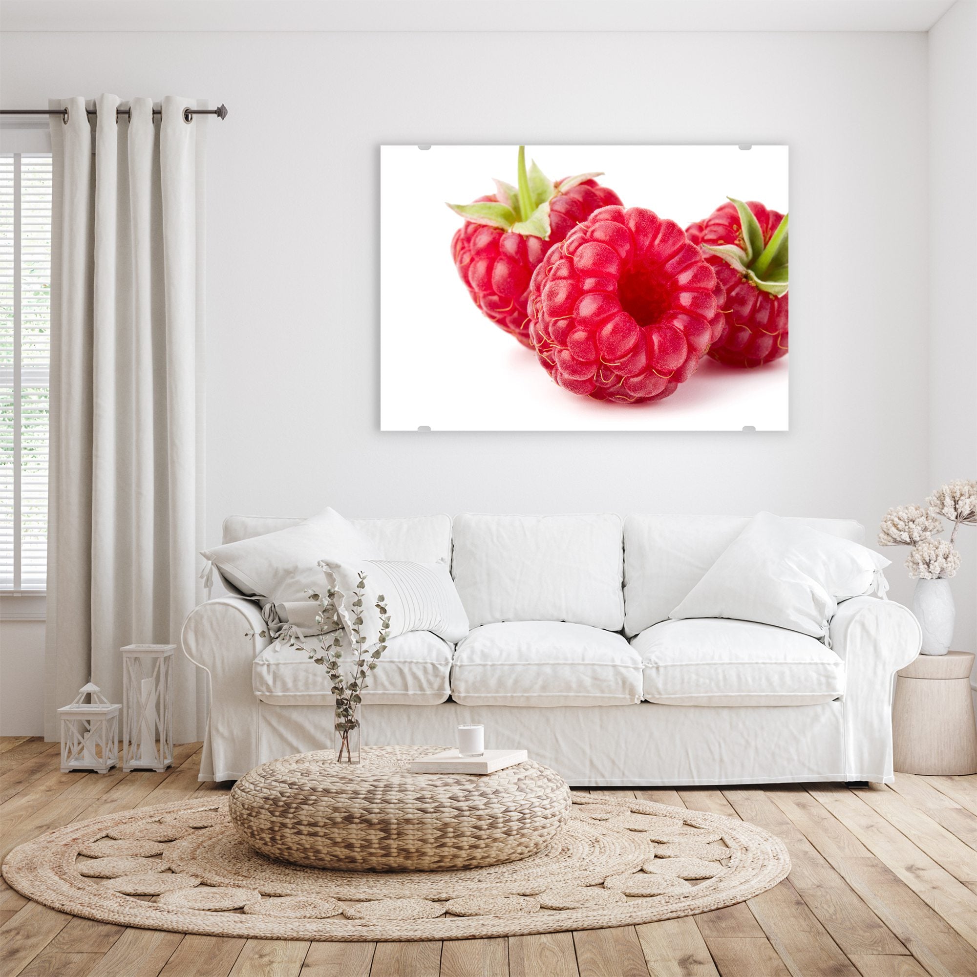 Wandbild - Drei Himbeeren mit Blatt