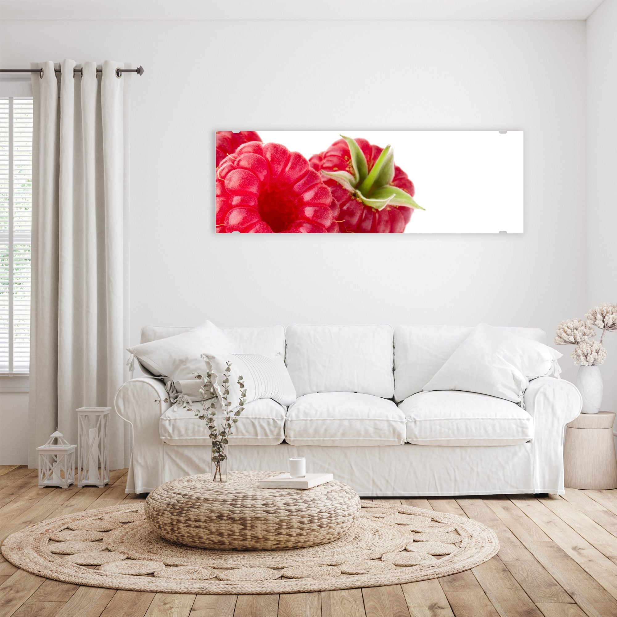 Wandbild - Drei Himbeeren mit Blatt