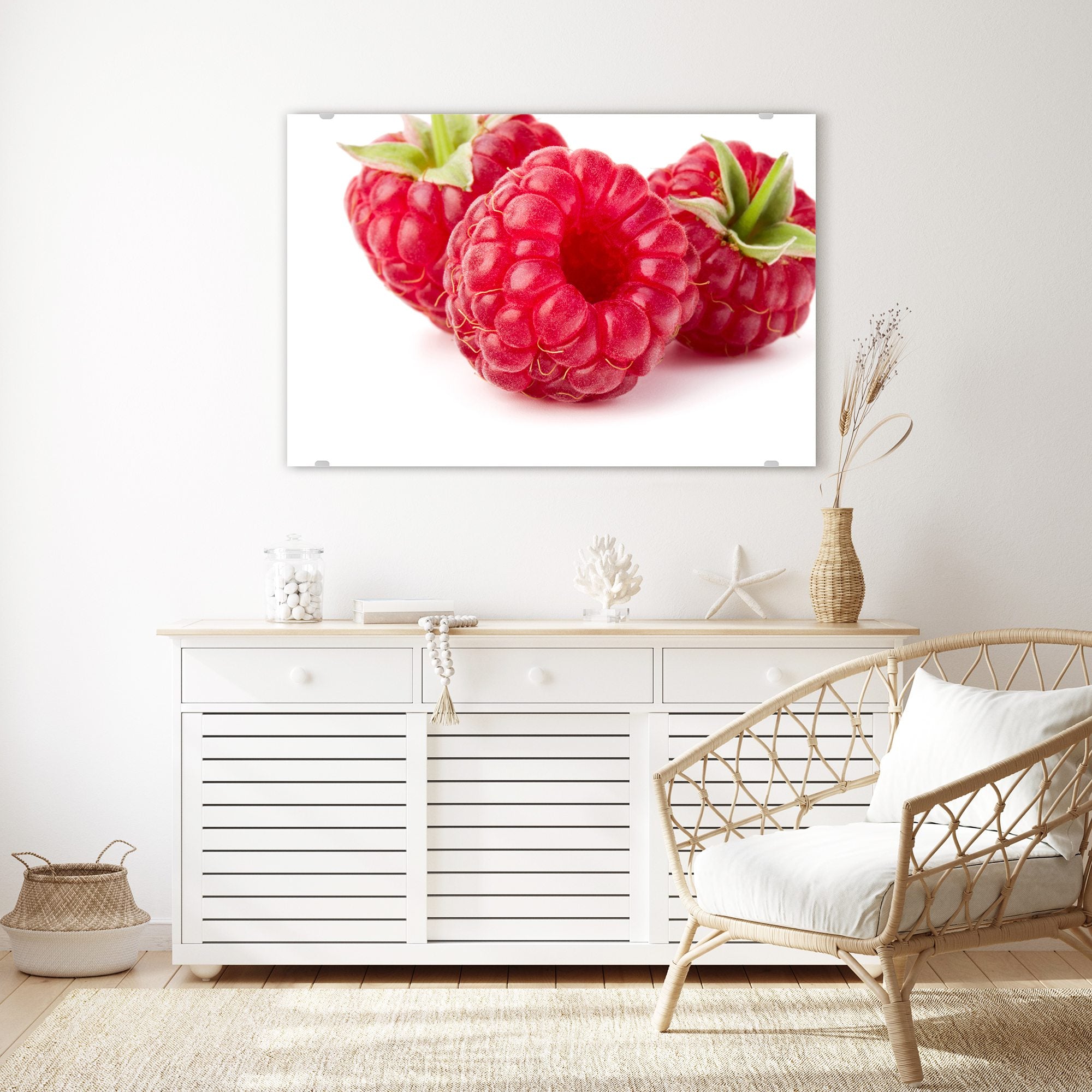 Wandbild - Drei Himbeeren mit Blatt