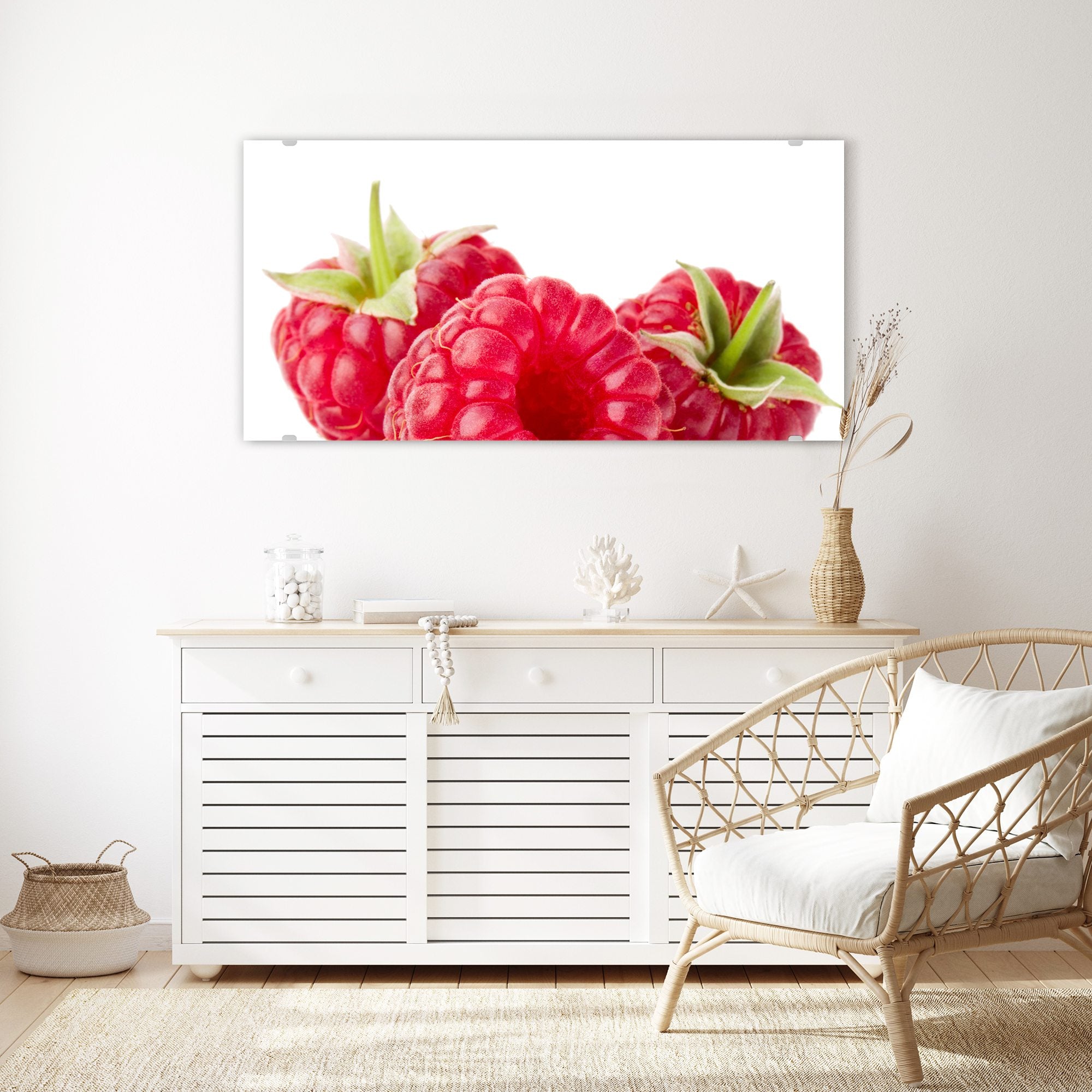 Wandbild - Drei Himbeeren mit Blatt