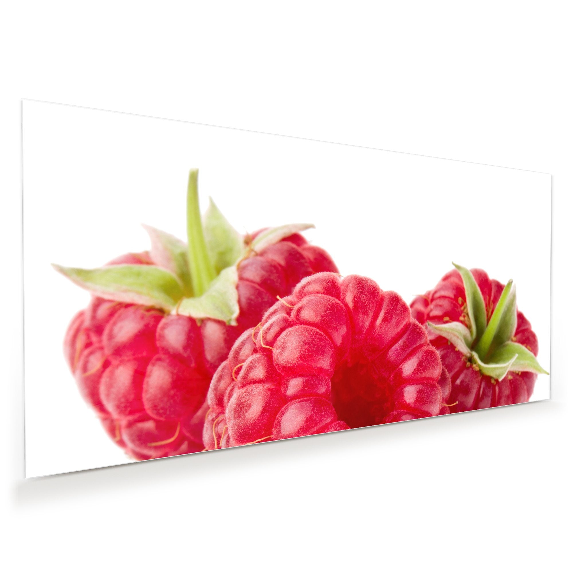 Wandbild - Drei Himbeeren mit Blatt