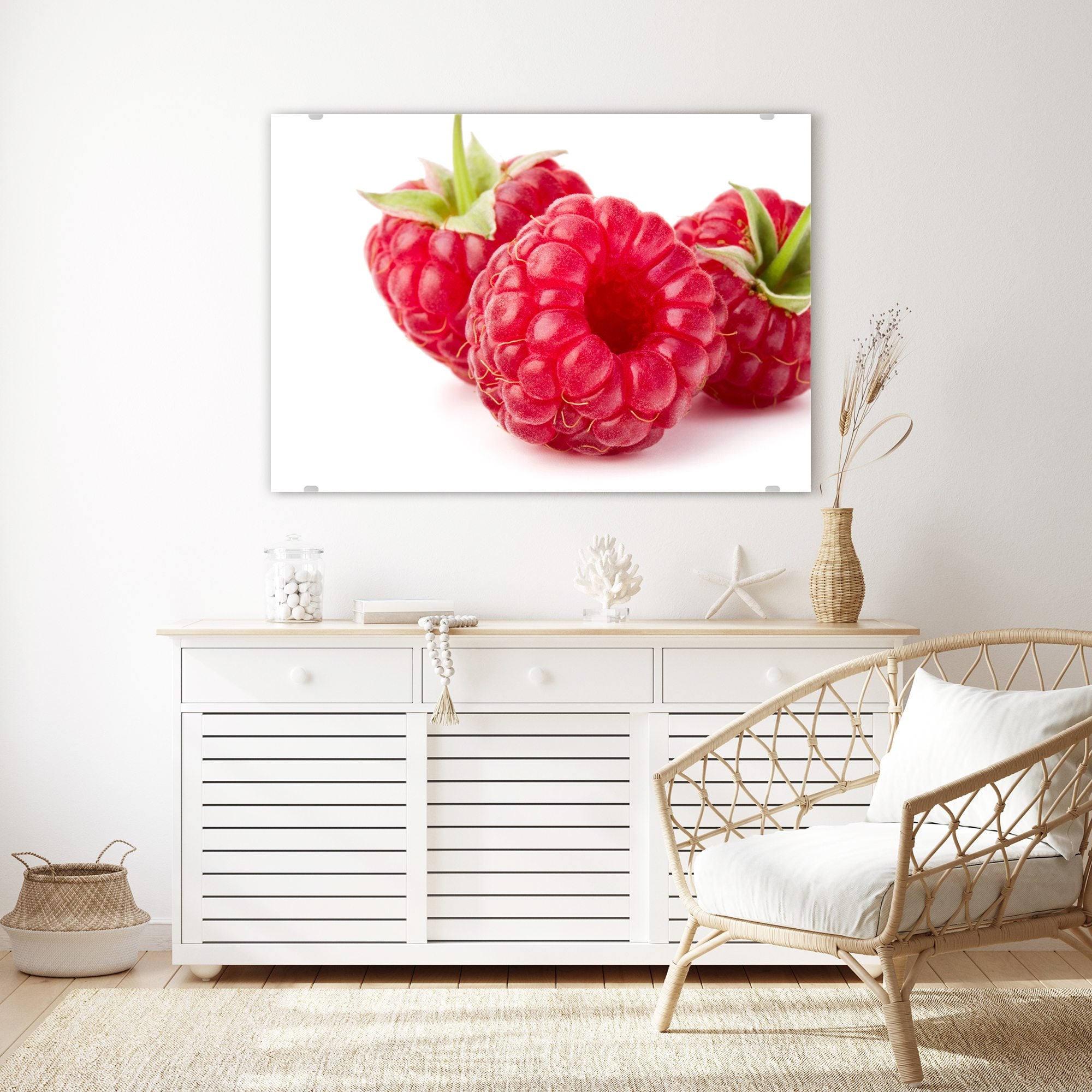 Wandbild - Drei Himbeeren mit Blatt