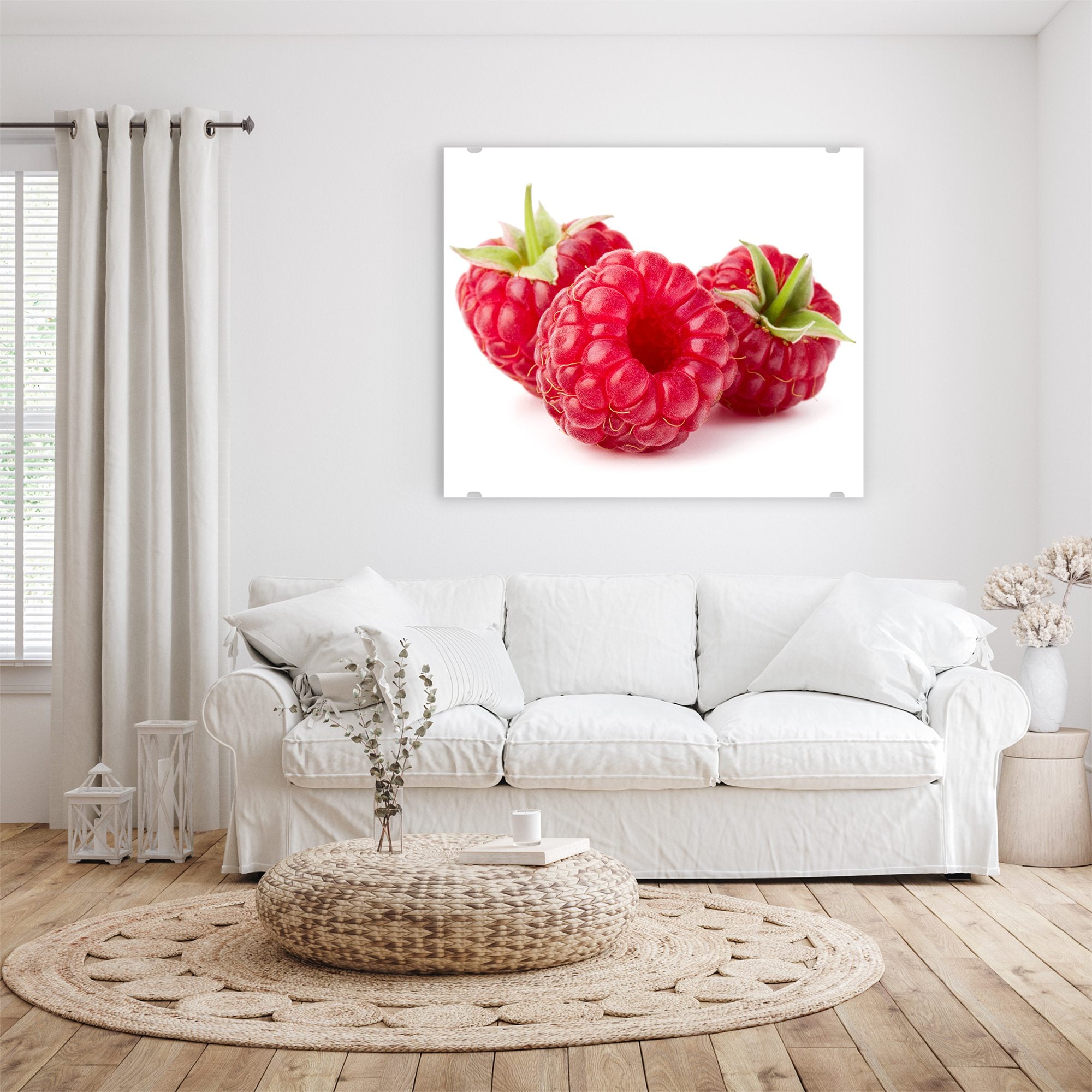 Wandbild - Drei Himbeeren mit Blatt