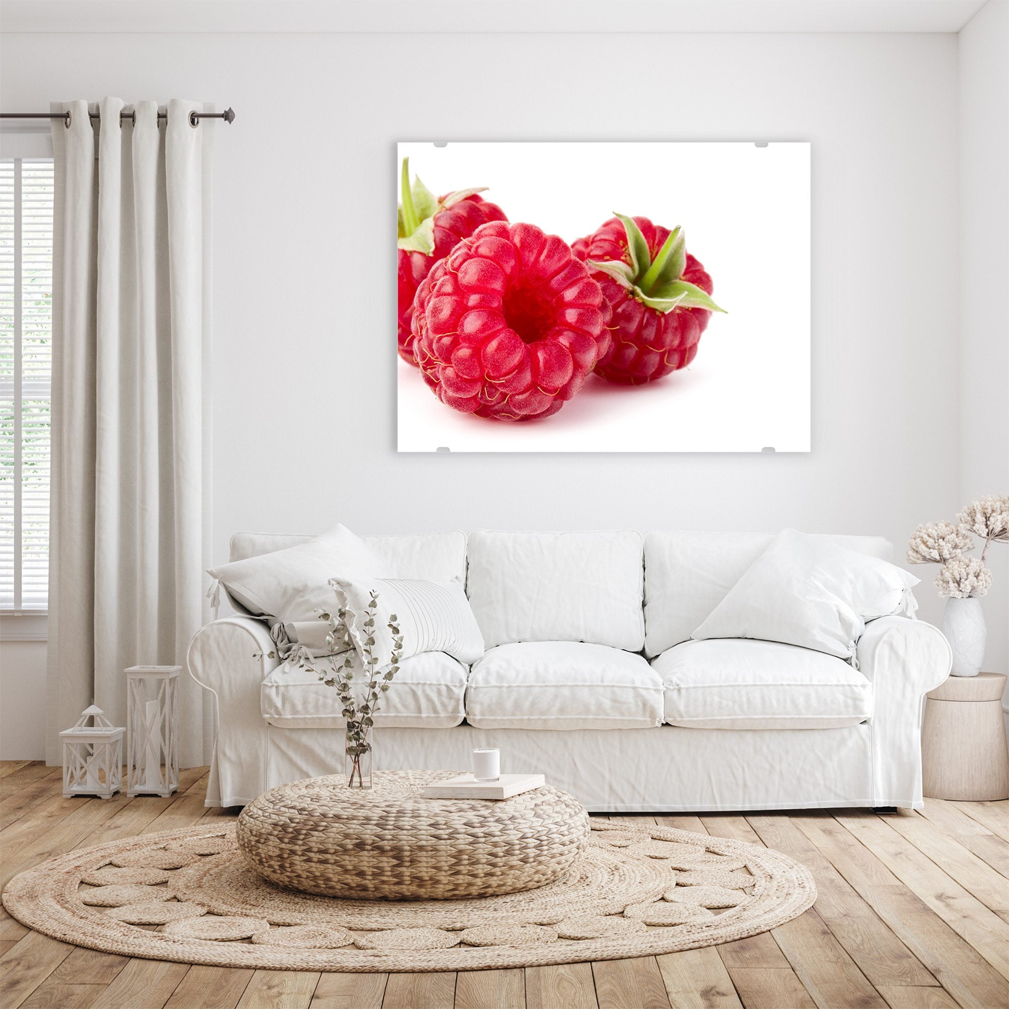 Wandbild - Drei Himbeeren mit Blatt