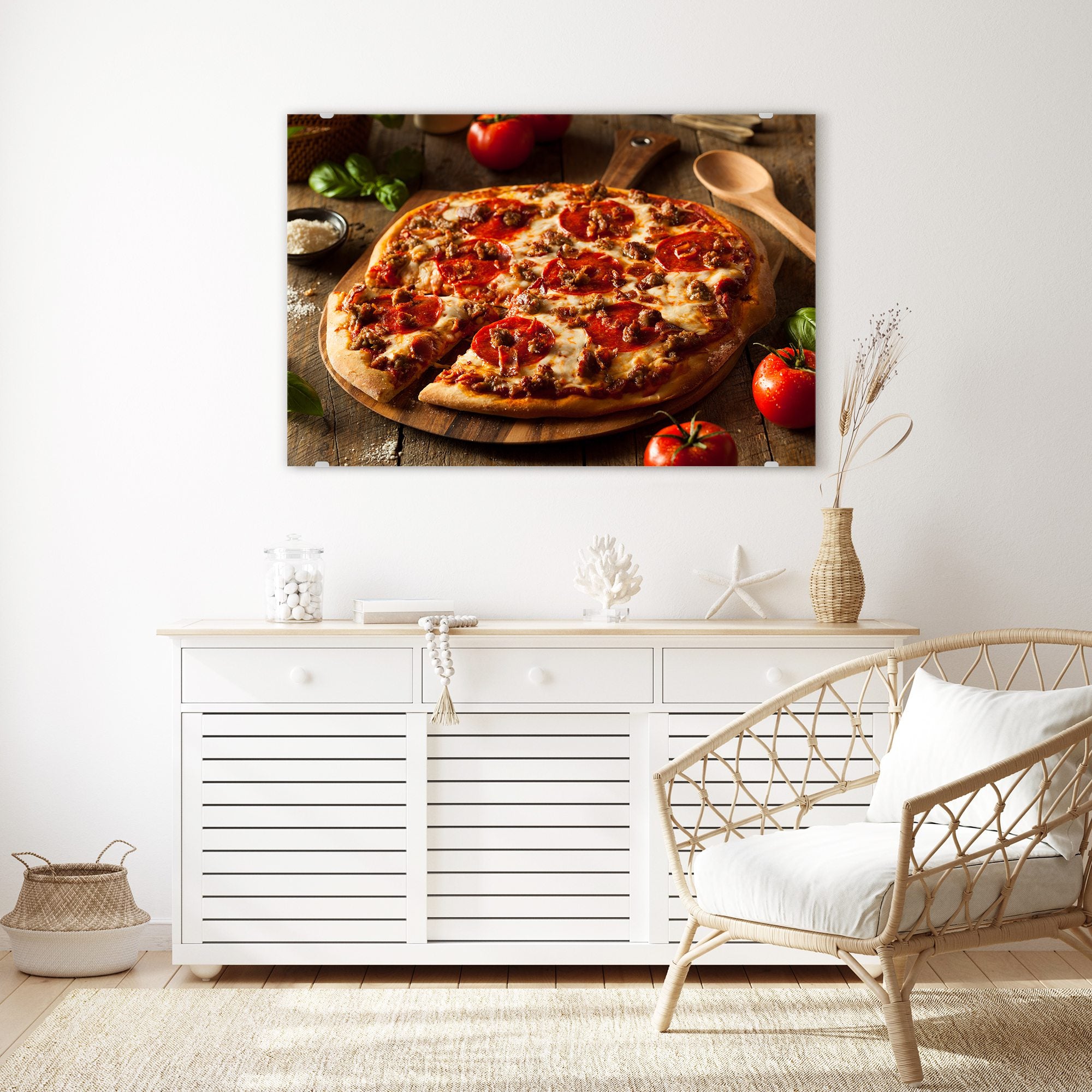 Wandbild - Pizza auf Holzplatte