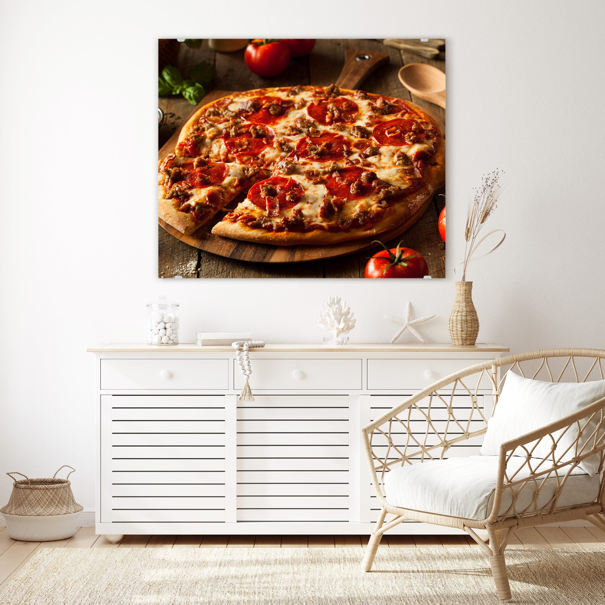 Wandbild - Pizza auf Holzplatte