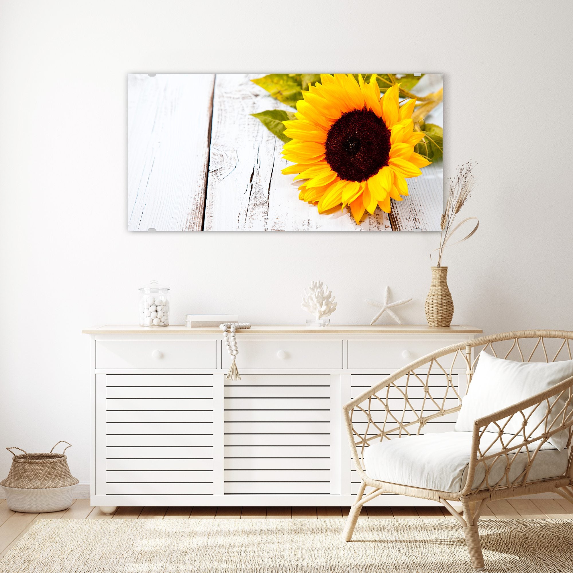 Wandbild - Sonnenblume auf Holztisch