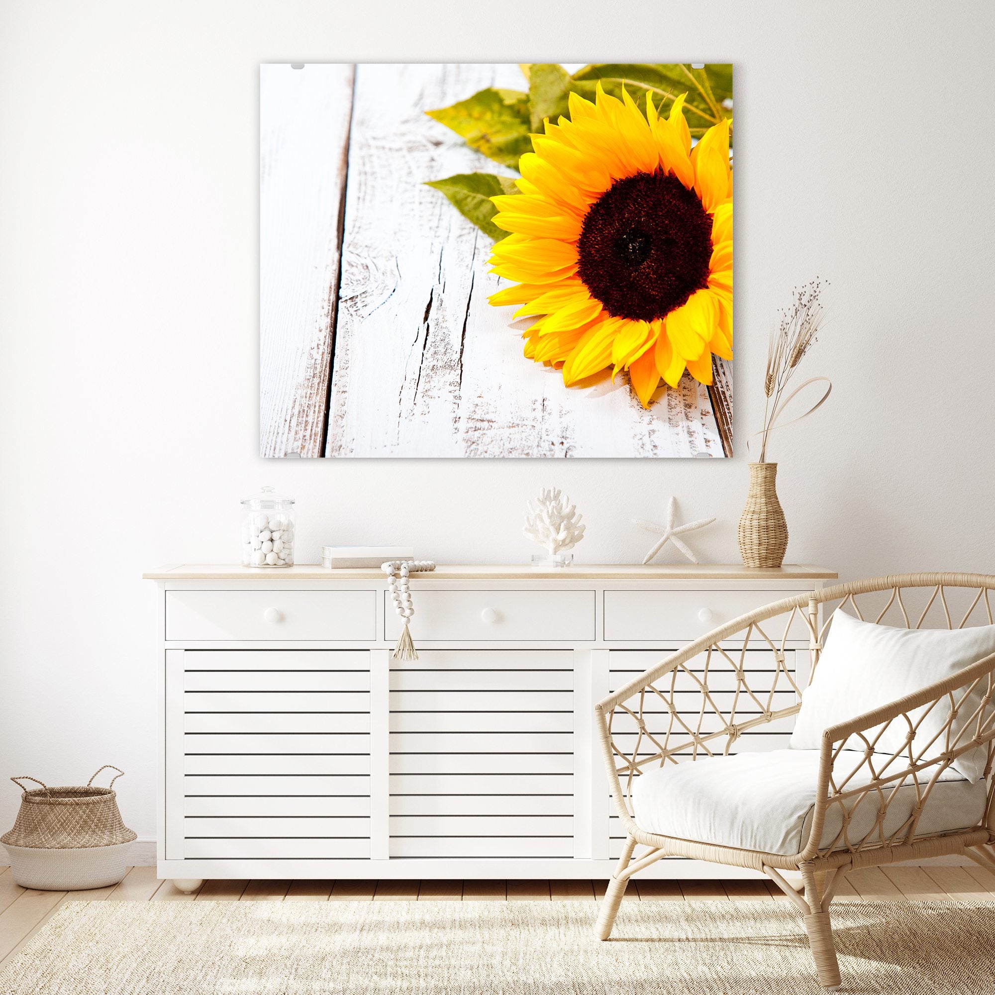 Wandbild - Sonnenblume auf Holztisch