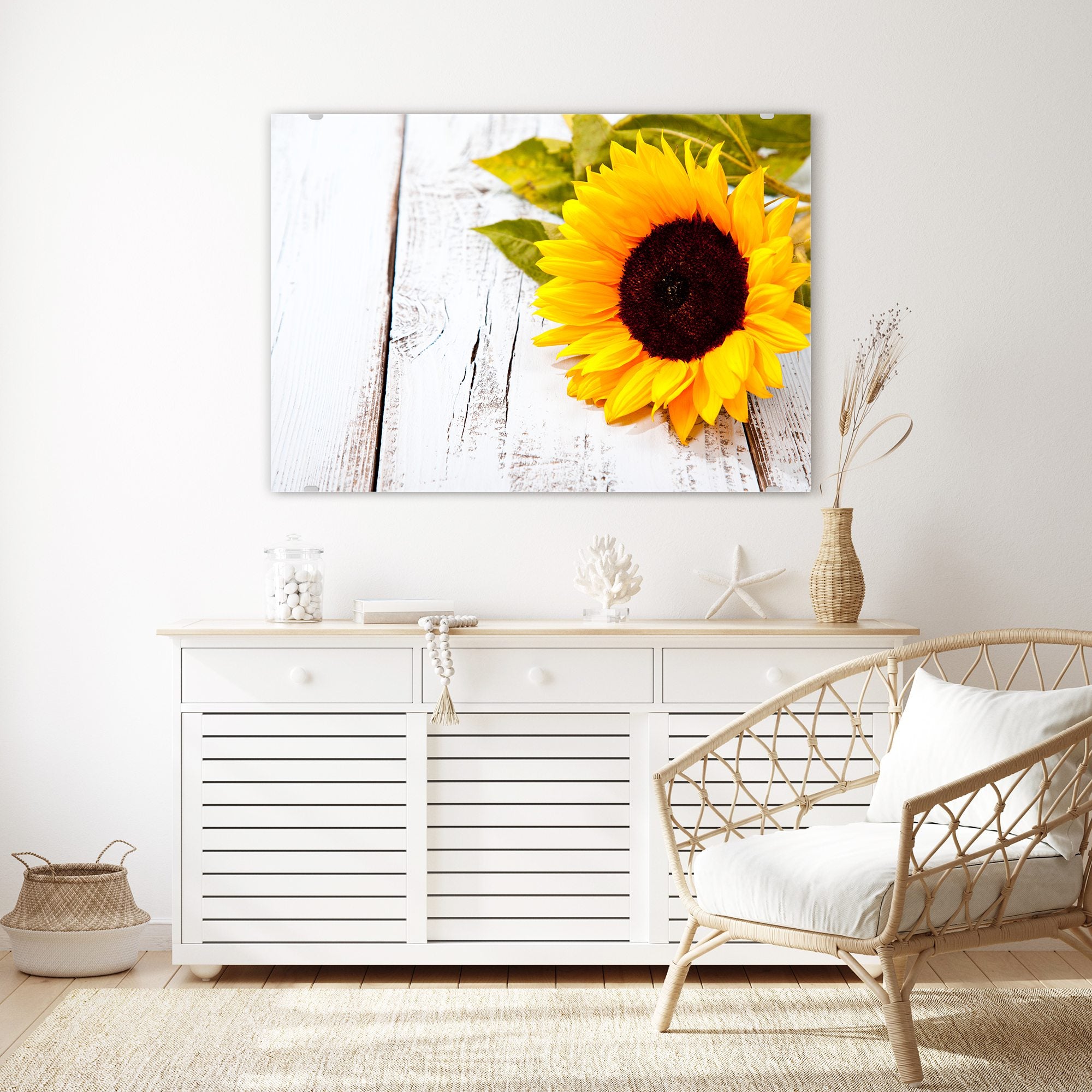 Wandbild - Sonnenblume auf Holztisch