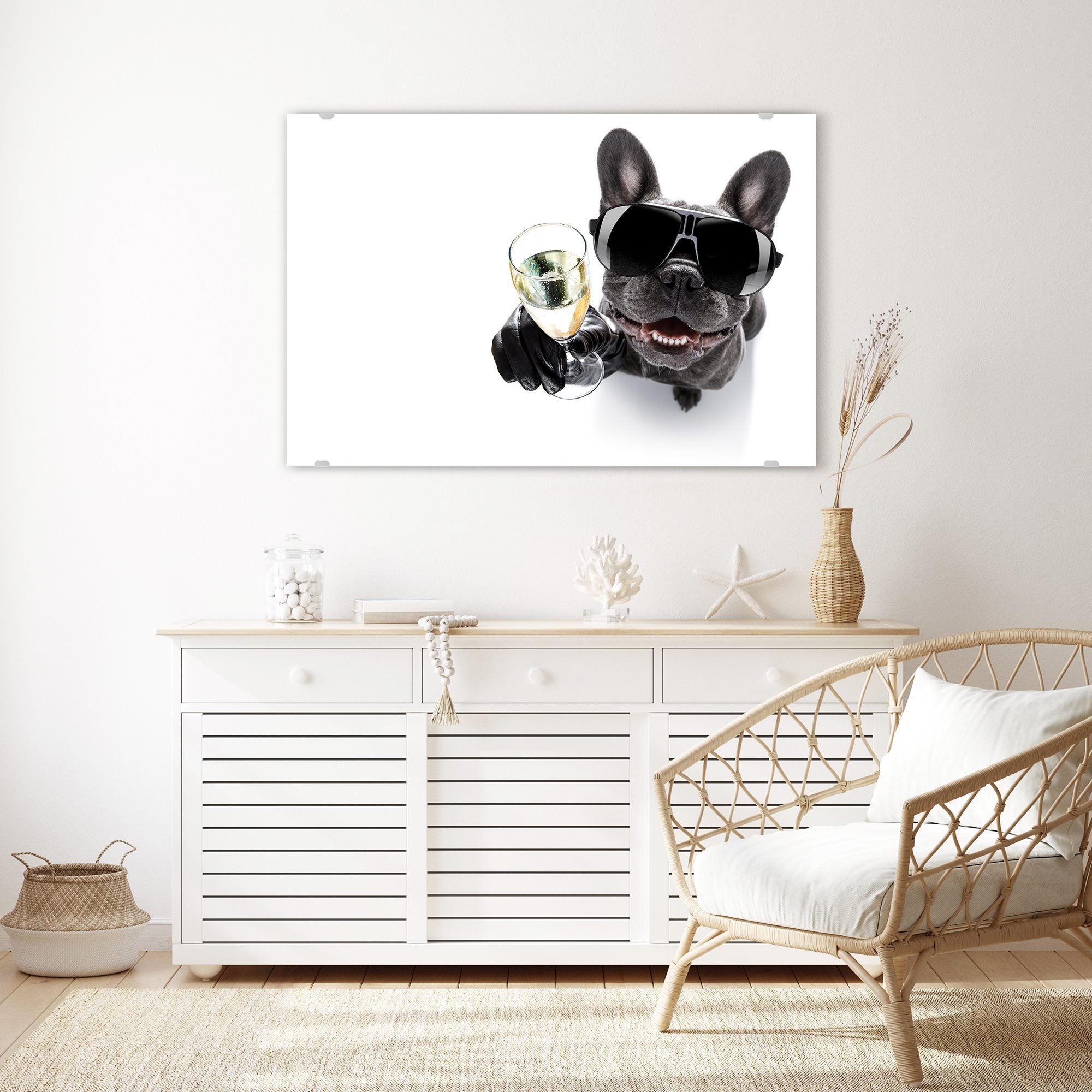 Wandbild - Bulldogge mit Prosecco Glas