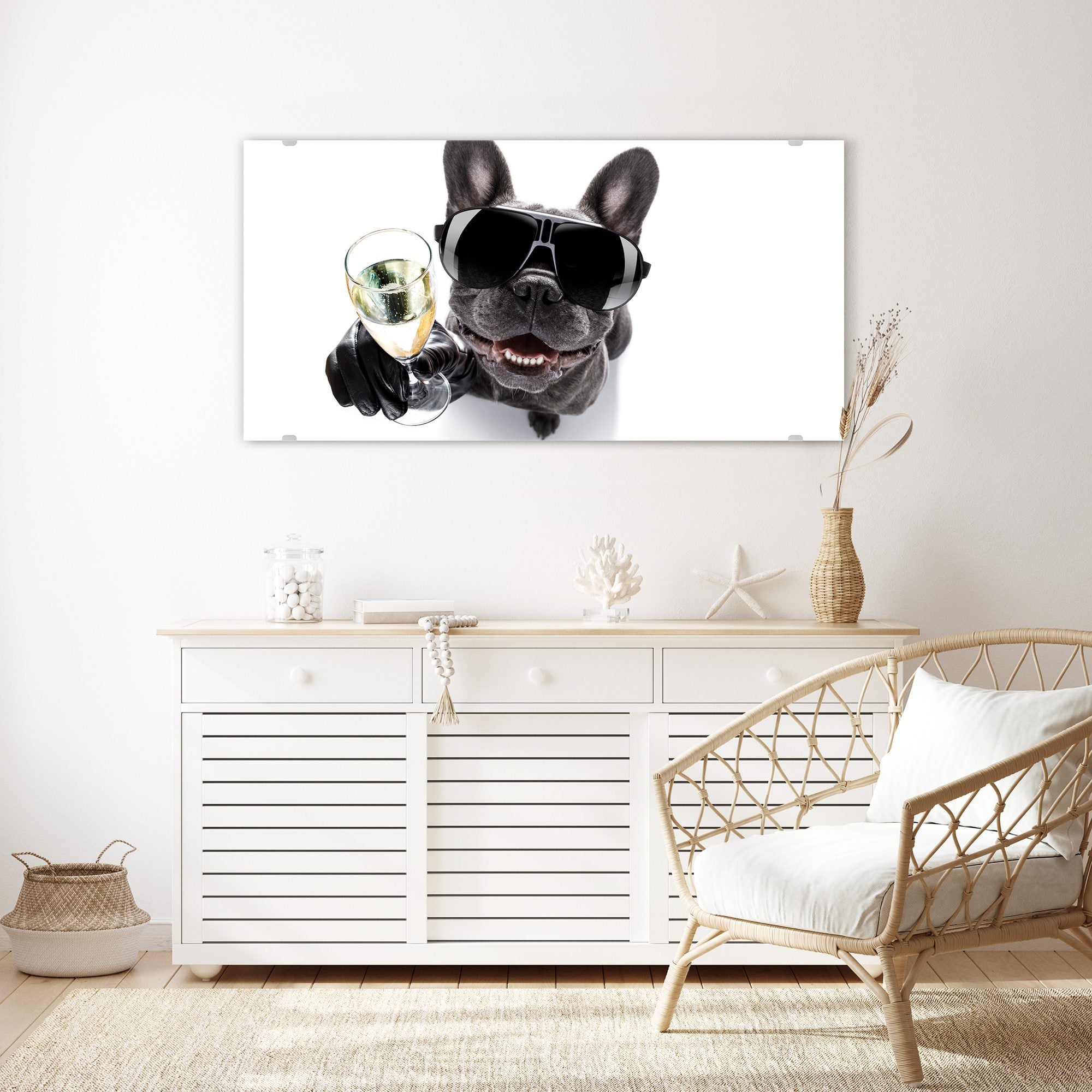 Wandbild - Bulldogge mit Prosecco Glas