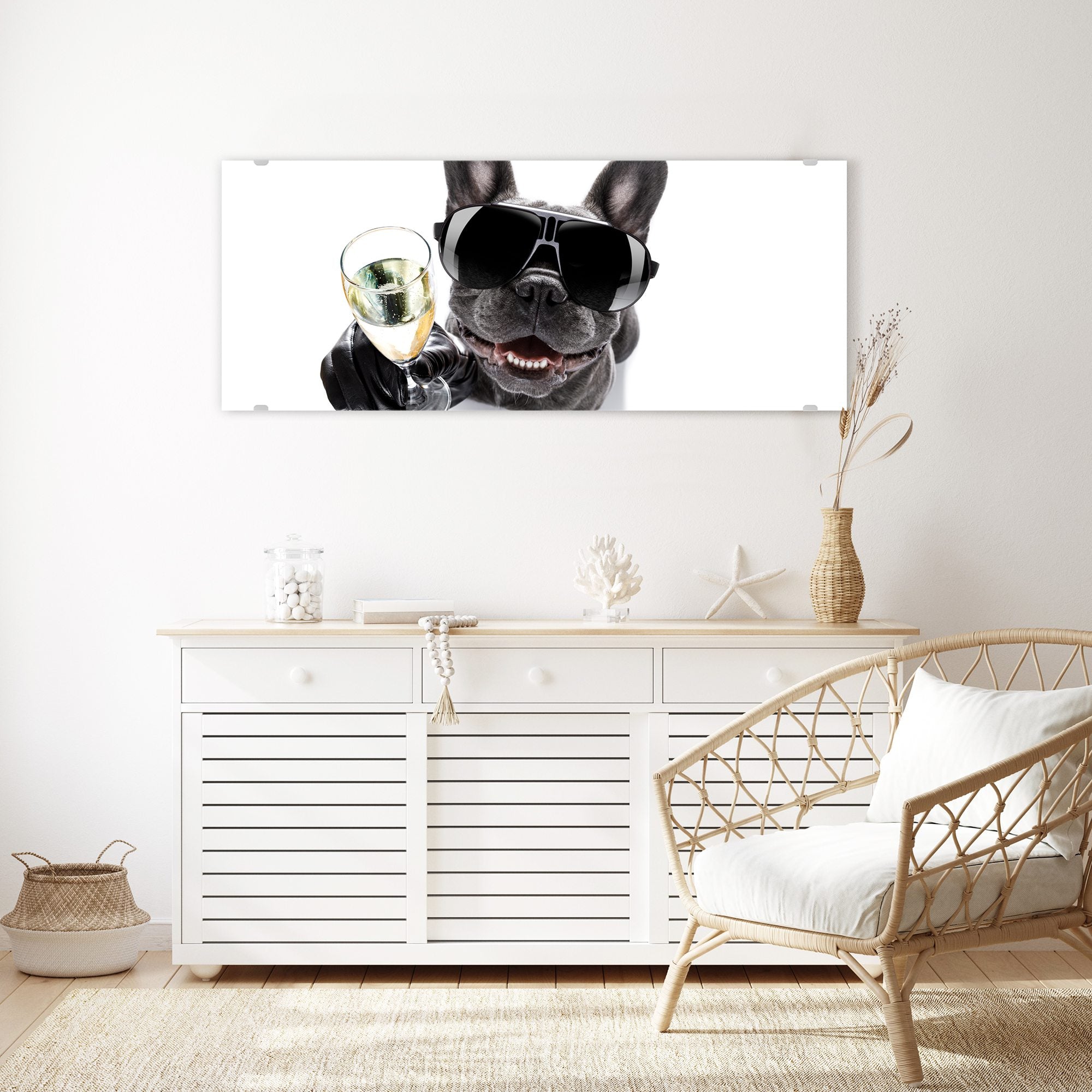 Wandbild - Bulldogge mit Prosecco Glas