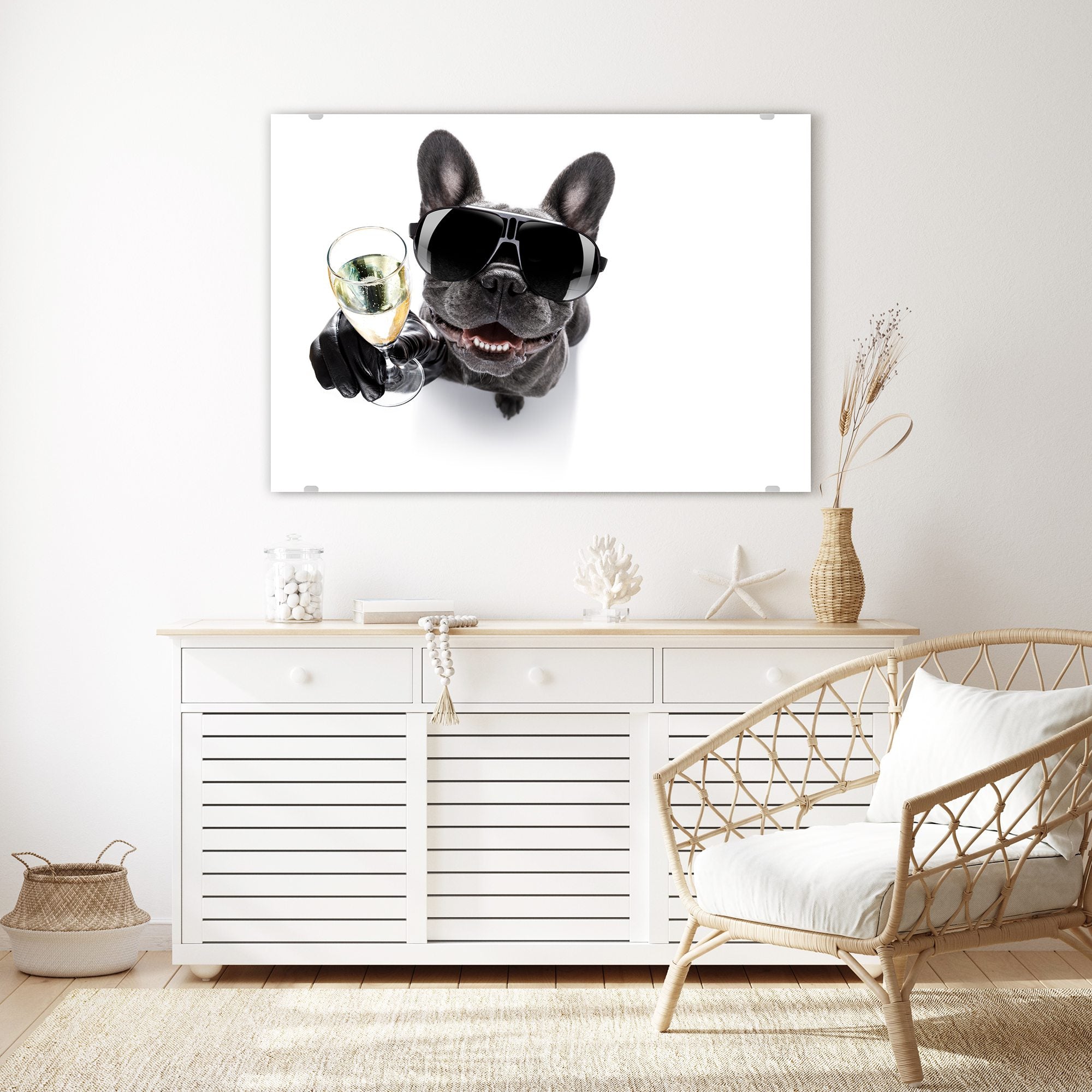 Wandbild - Bulldogge mit Prosecco Glas